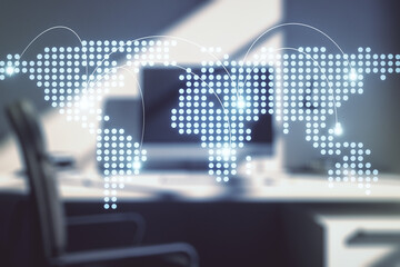 Abstract creative world map with connections and modern desktop with computer on background, international trading concept. Multiexposure