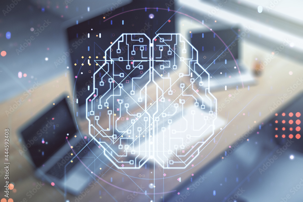 Poster double exposure of creative human brain microcircuit and modern desk with computer on background. fu