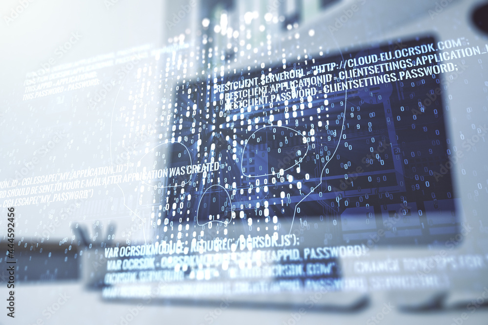 Aufkleber creative code skull hologram and modern desktop with pc on background, cybercrime and hacking concep