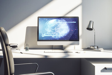 Computer monitor with abstract creative programming illustration and world map, big data and blockchain concept. 3D Rendering