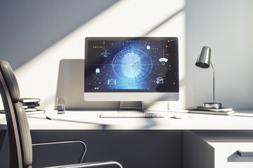 Obraz na płótnie Canvas Modern computer screen with creative fingerprint hologram, personal biometric data concept. 3D Rendering