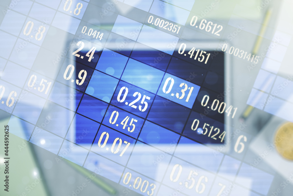 Poster abstract creative analytics data spreadsheet and modern digital tablet on desktop on background, top