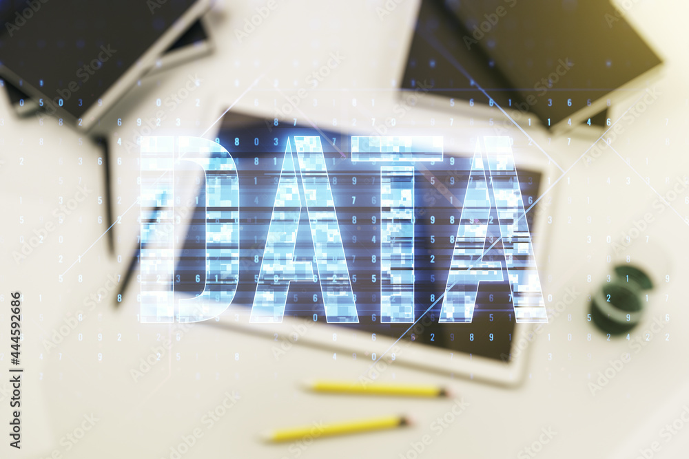 Poster creative data word hologram and modern digital tablet on background, big data and blockchain concept