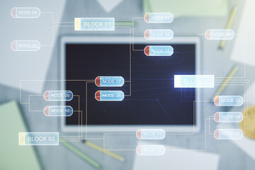 Abstract creative coding concept and modern digital tablet on background, top view. Multiexposure
