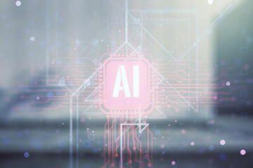 Creative artificial Intelligence symbol hologram on blurry contemporary office building background. Double exposure