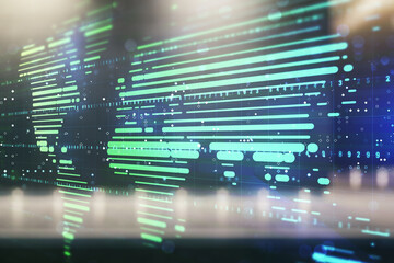 Multi exposure of abstract graphic world map on blurry contemporary office building background, big data and networking concept