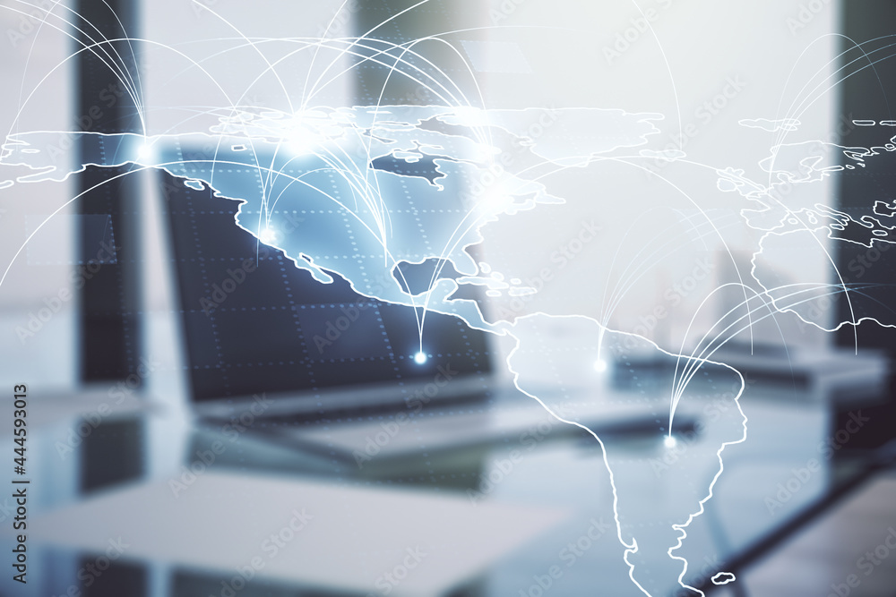 Poster double exposure of abstract digital world map with connections on computer background, big data and 
