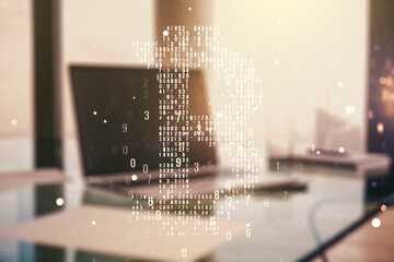 Double exposure of creative Bitcoin symbol hologram with computer on background. Mining and...