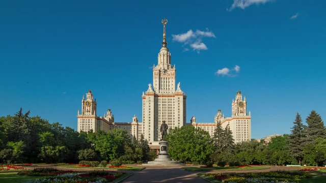 Moscow State University main building and Lomonosov monument. Iconic building and sightseeing in Moscow, Russia