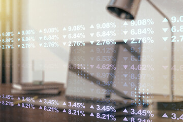 Double exposure of abstract creative statistics data hologram on laptop background, statistics and analytics concept