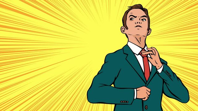 Portrait of a young ambitious businessman. A man in a business suit and tie. Colorful animation in pop art style. Background with place for text