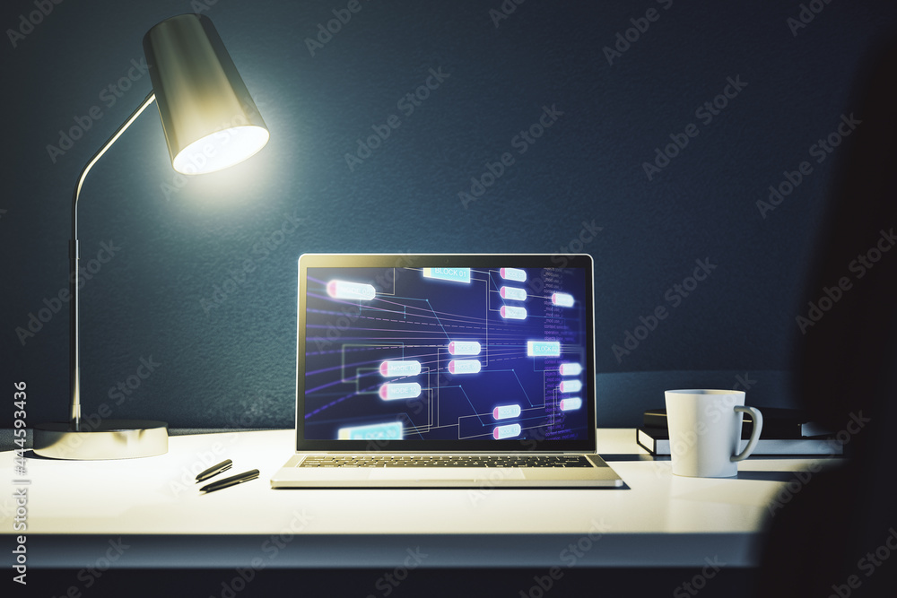 Poster computer monitor with abstract creative programming illustration, big data and blockchain concept. 3