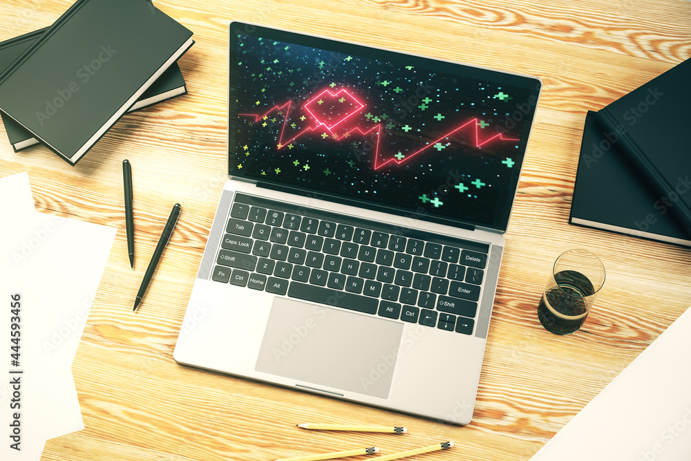 Poster modern computer monitor with creative abstract heart rate hologram. healthcare technolody concept. 3