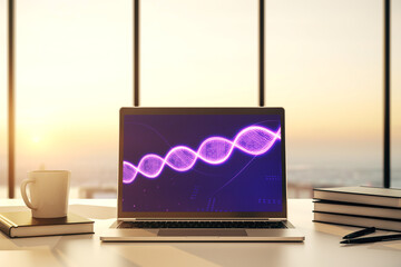 Creative concept with DNA symbol illustration on modern laptop screen. Genome research concept. 3D...