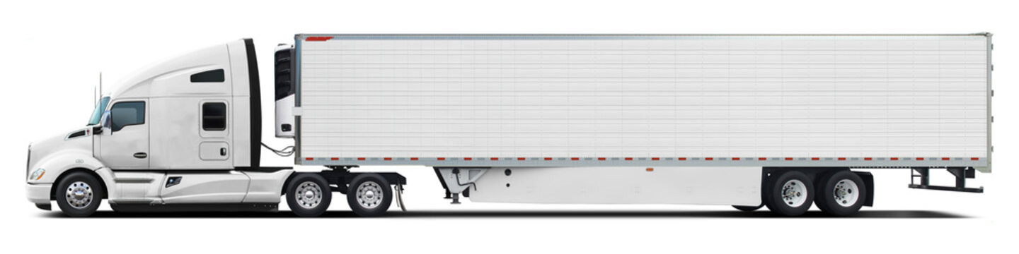 A large modern American truck in all white color. Side view isolated on white background.
