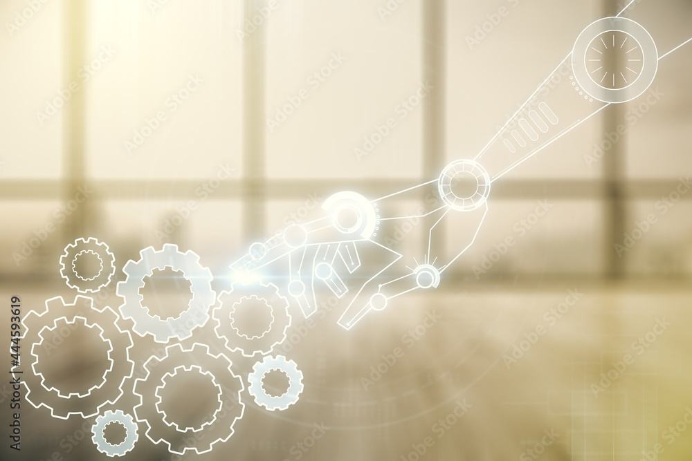 Aufkleber double exposure of abstract virtual robotics technology hologram on empty modern office background. 