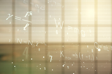 Double exposure of scientific formula hologram on empty modern office background, research and development concept