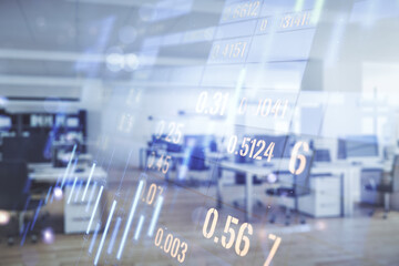Multi exposure of virtual creative financial chart hologram on modern corporate office background, research and analytics concept