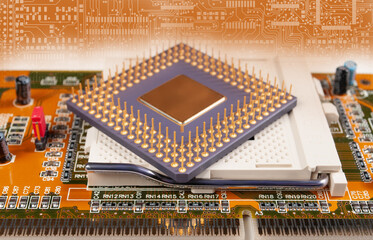printed circuit board with PGA socket and central processor unit close up