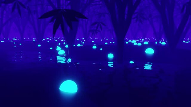 3D looping animation misty fantasy forest glow orbs