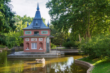 Neoclassical pavilion with a pond in the Retiro Park in Madrid