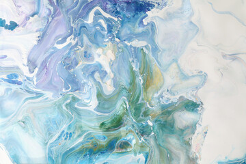 Art Abstract flow acrylic and watercolor marble blot painting. Blue Color smoke wave horizontal texture background.