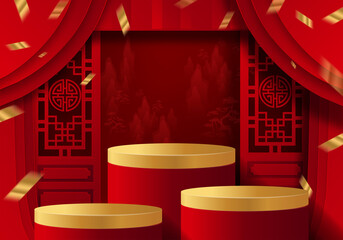 Podium round stage podium and paper art Chinese new year,Chinese Festivals, Mid Autumn Festival , red paper cut ,flower and asian elements with craft style on background.