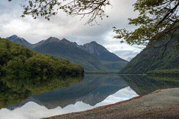Tranquil lake Gunn in Fiordland National Park, landscape reflecting on the water surface, New Zealand