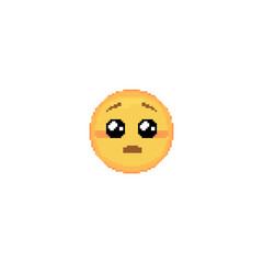 Pixel art Pleading Emoji face icon. Vector cute pixel begging emoticon with Glossy Eyes. Shy Emoji in retro pixel 8 bit style. Puppy dog simp emoji yellow face isolated icon.