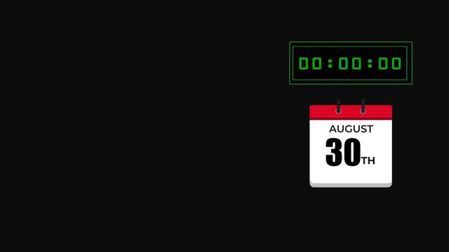 Animation of calendar change from 30th to 31st of August with Malaysia flag colour after digital clock shows 12AM. Malaysia map appear in flag colour with saber effect. Independence day of Malaysia.
