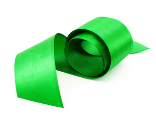Decorative rolled green satin ribbon on a white background