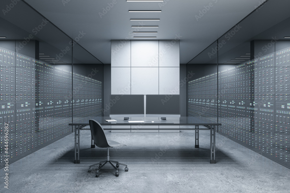Poster Modern futuristic server room office interior with desk and empty computer monitors. Technology, data, innovation and design concept. 3D Rendering.