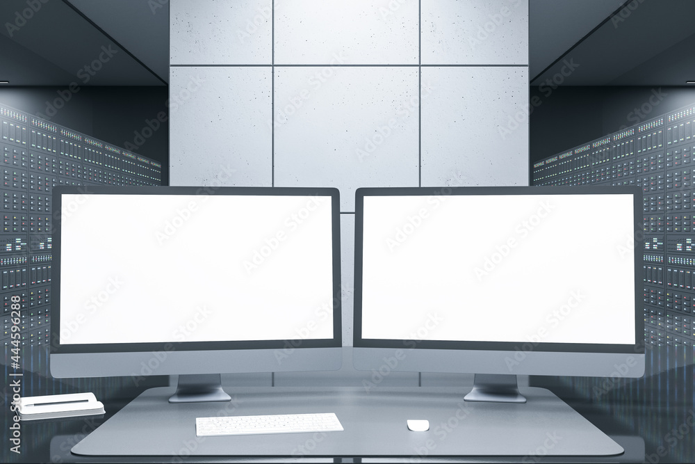 Leinwandbilder Close up of desktop with empty white computer monitors in futuristic server room office interior. Big data and storage concept. Mock up, 3D Rendering.