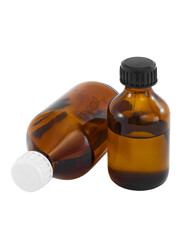 Brown glass bottles with liquid drug isolated on white