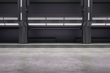 Contemporary concrete futuristic interior with illuminated walls. Exhibition center and future concept. 3D Rendering.