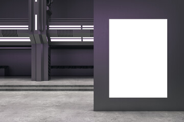 Abstract concrete futuristic interior with illuminated walls and empty poster on wall. Exhibition...