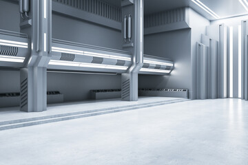 White concrete futuristic interior with illuminated walls. Exhibition center and future concept. 3D...