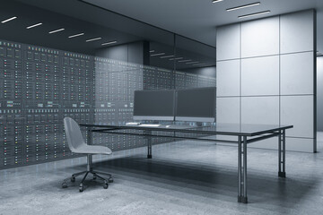 Contemporary futuristic server room office interior with desk and empty computer monitors. Technology, data, innovation and design concept. 3D Rendering.