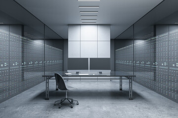 Modern futuristic server room office interior with desk and empty computer monitors. Technology, data, innovation and design concept. 3D Rendering.