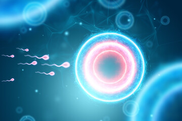 Fertilization of the egg by sperm cells. Pregnancy, infertility treatment, motherhood. 3D illustration, 3D render