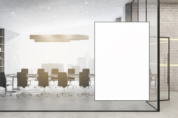 Modern glass meeting room interior with panoramic city view, daylight, empty poster and furniture. Mock up, 3D Rendering.