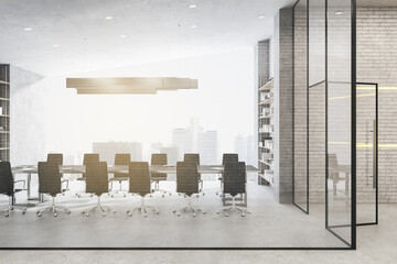 New glass meeting room interior with panoramic city view, daylight and furniture. 3D Rendering.