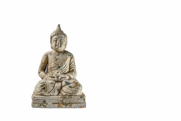 Generic zen stone ancient buddha statue with light shinning on the figure isolated on a white background for copy paste text.