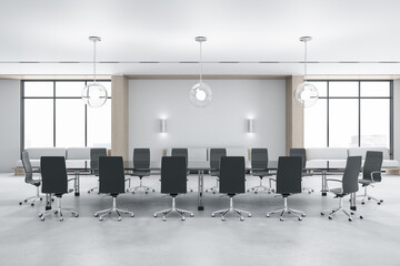 Bright spacious conference room interior with panoramic city view, daylight and furniture. 3D...
