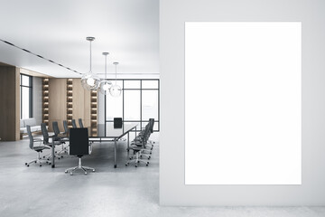 Modern spacious conference room interior with panoramic city view, empty white poster daylight and...