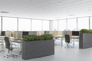 Bright concrete coworking office interior with furniture, window with city view and daylight. Corporate concept. 3D Rendering.