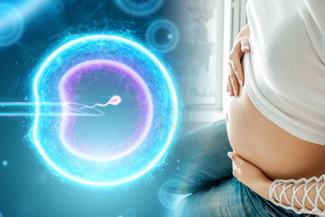 Girl and artificial fertilization of an egg. Surgical placement of the sperm into the egg. Pregnancy, infertility treatment, motherhood, spermogram. - obrazy, fototapety, plakaty
