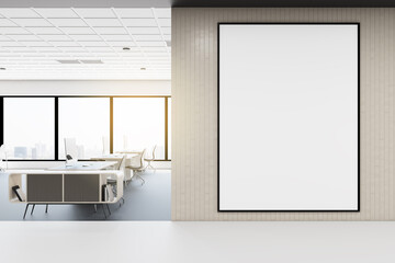 Modern concrete coworking office interior with furniture, window with city view, daylight and empty frame on wall. Corporate concept. Mock up, 3D Rendering.