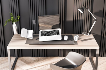 Hipster office interior with empty black laptop screen and other objects flying above desktop. Mock up, 3D Rendering.