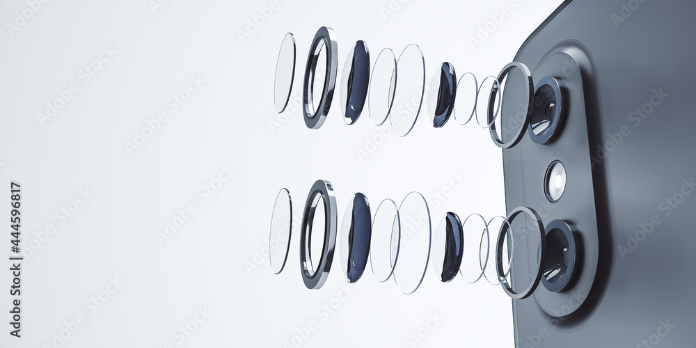 Poster Decomposed smartphone camera lens on white background with mock up place for your advertisement. Technology, mobile photography and progress concept. 3D Rendering.